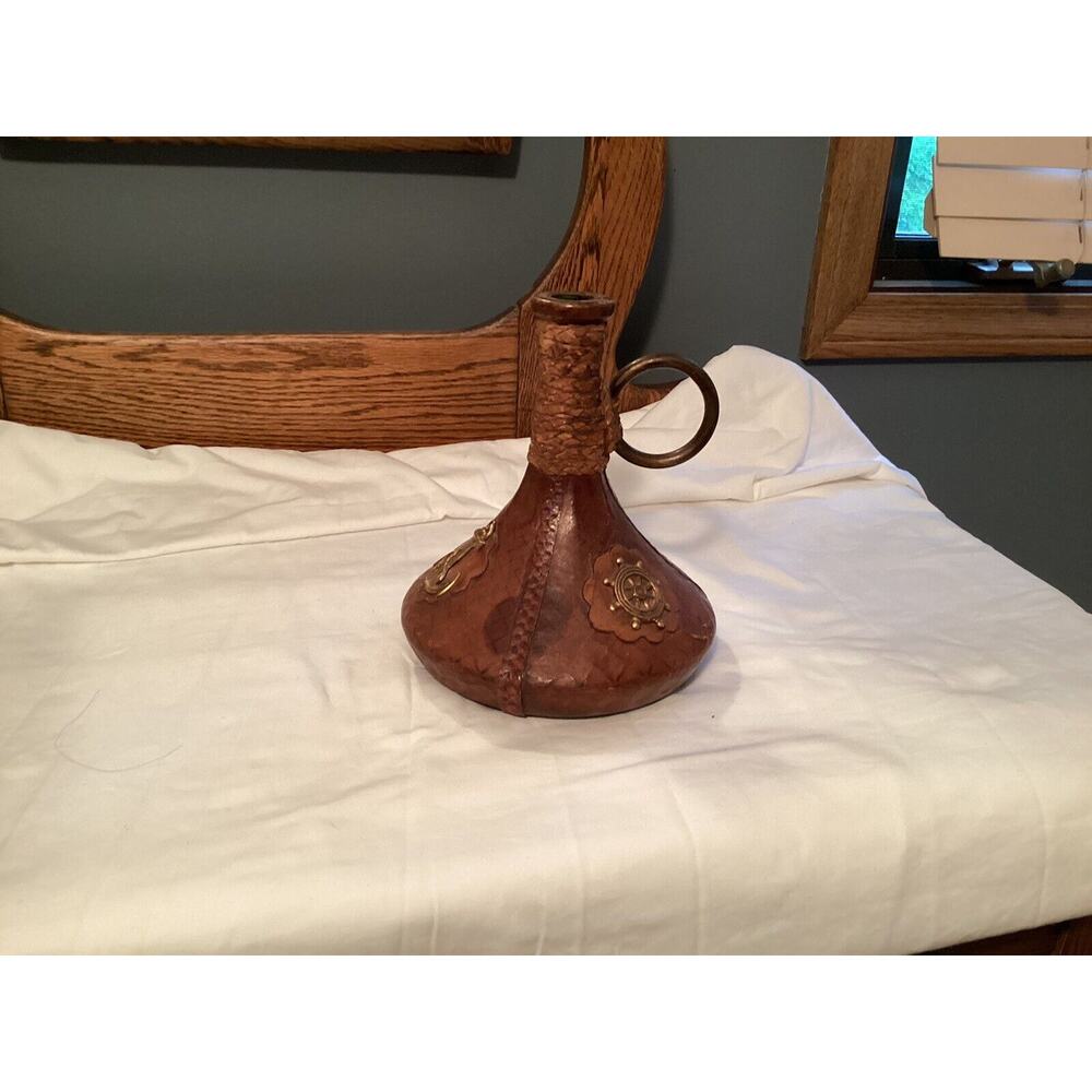 Vintage‎ leather wrapped decanter made Italy nautical maritime brass- no stopper
